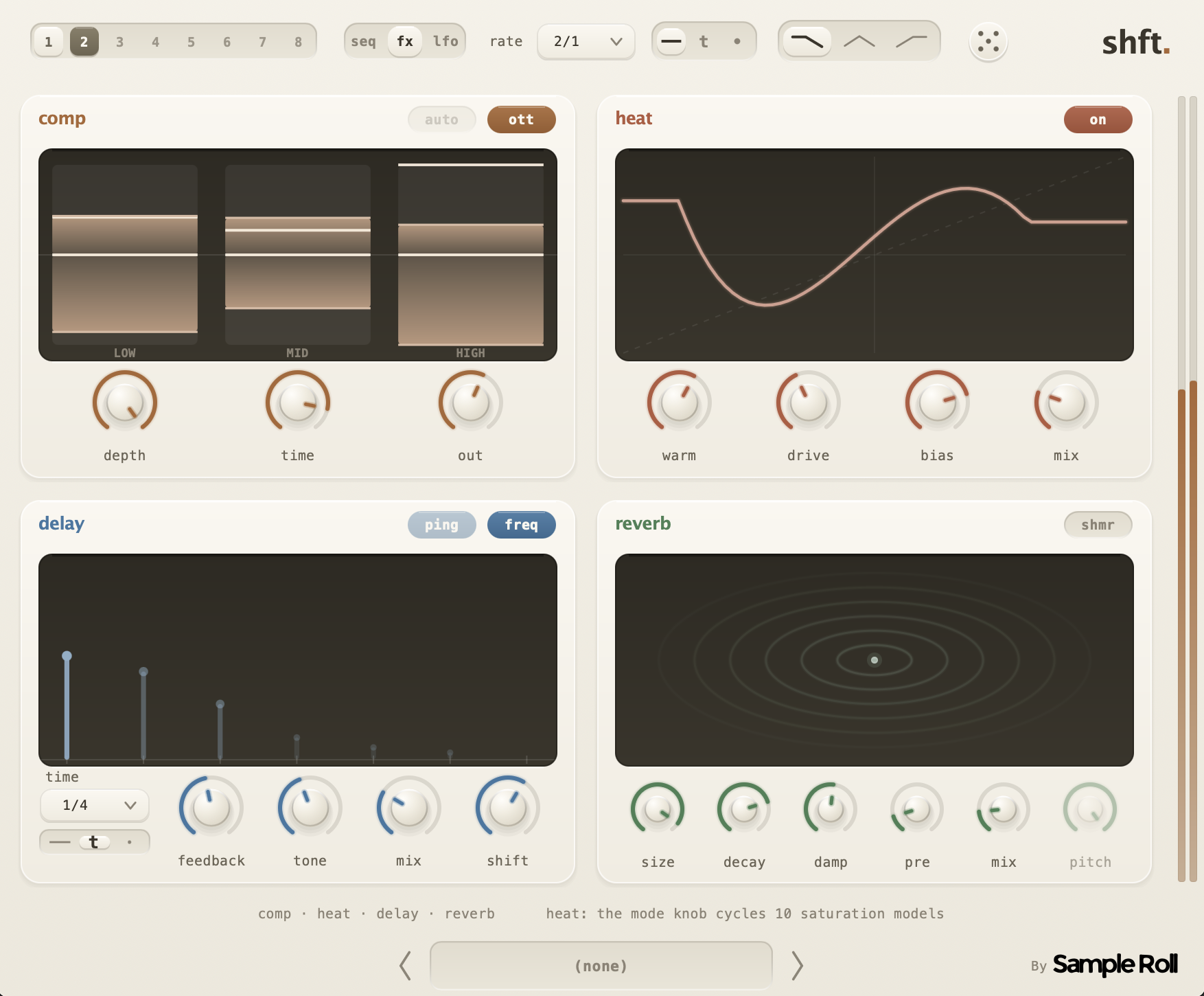 shft FX page — OTT multiband comp, heat, frequency-shifter echo, gated reverb
