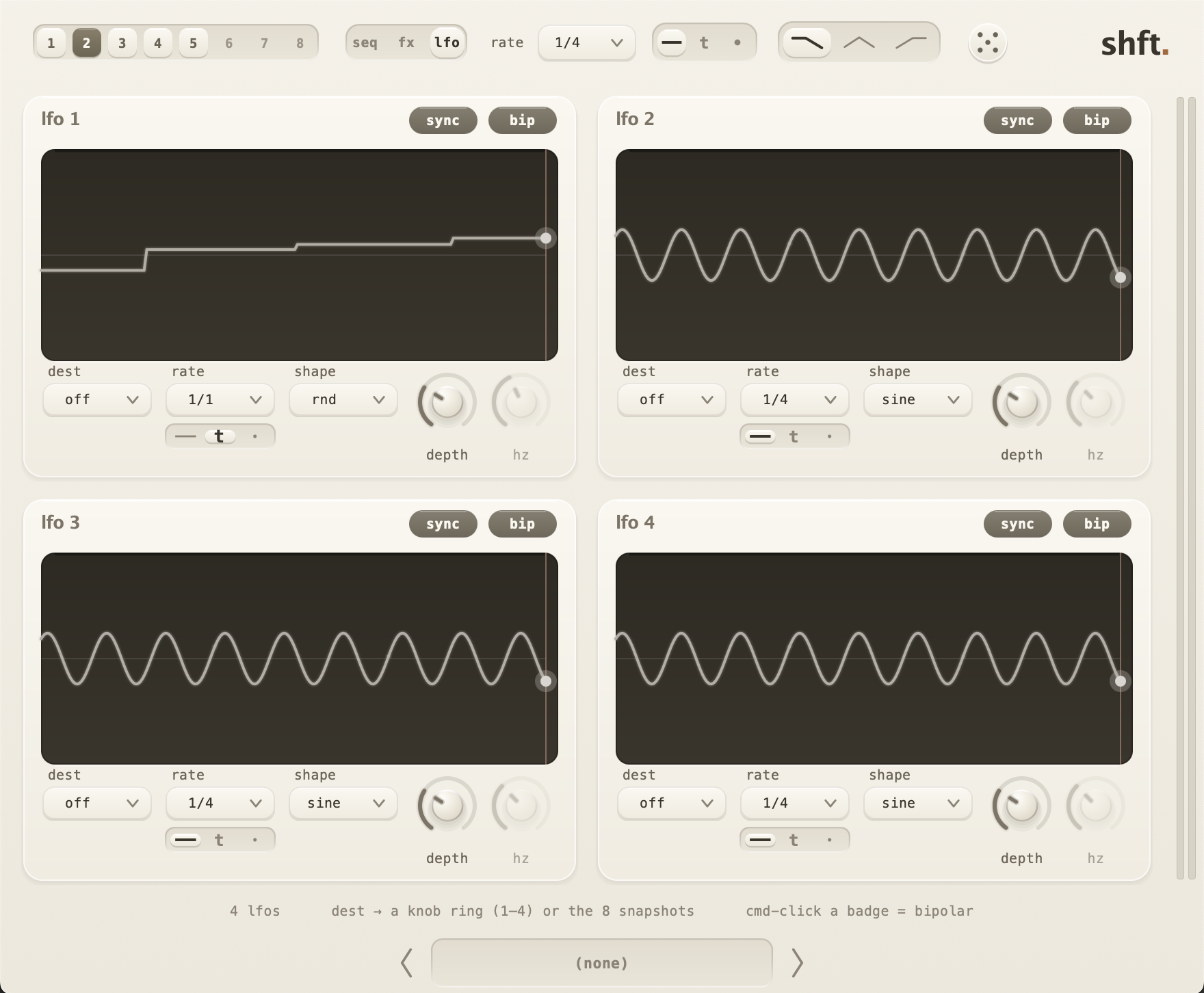 shft LFO page and modulation lanes with live mod rings