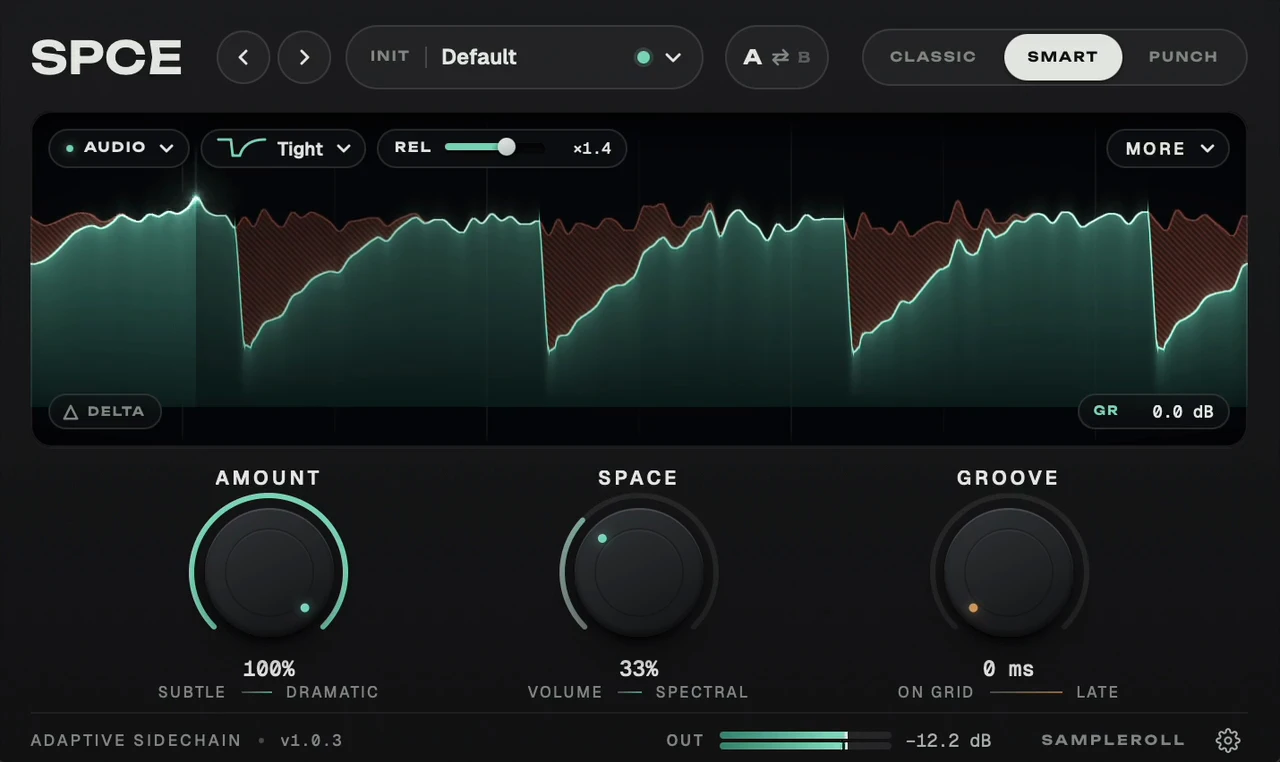 spce running in Smart mode: the bass drawn as a mint mass, cut in coral on every kick and easing back