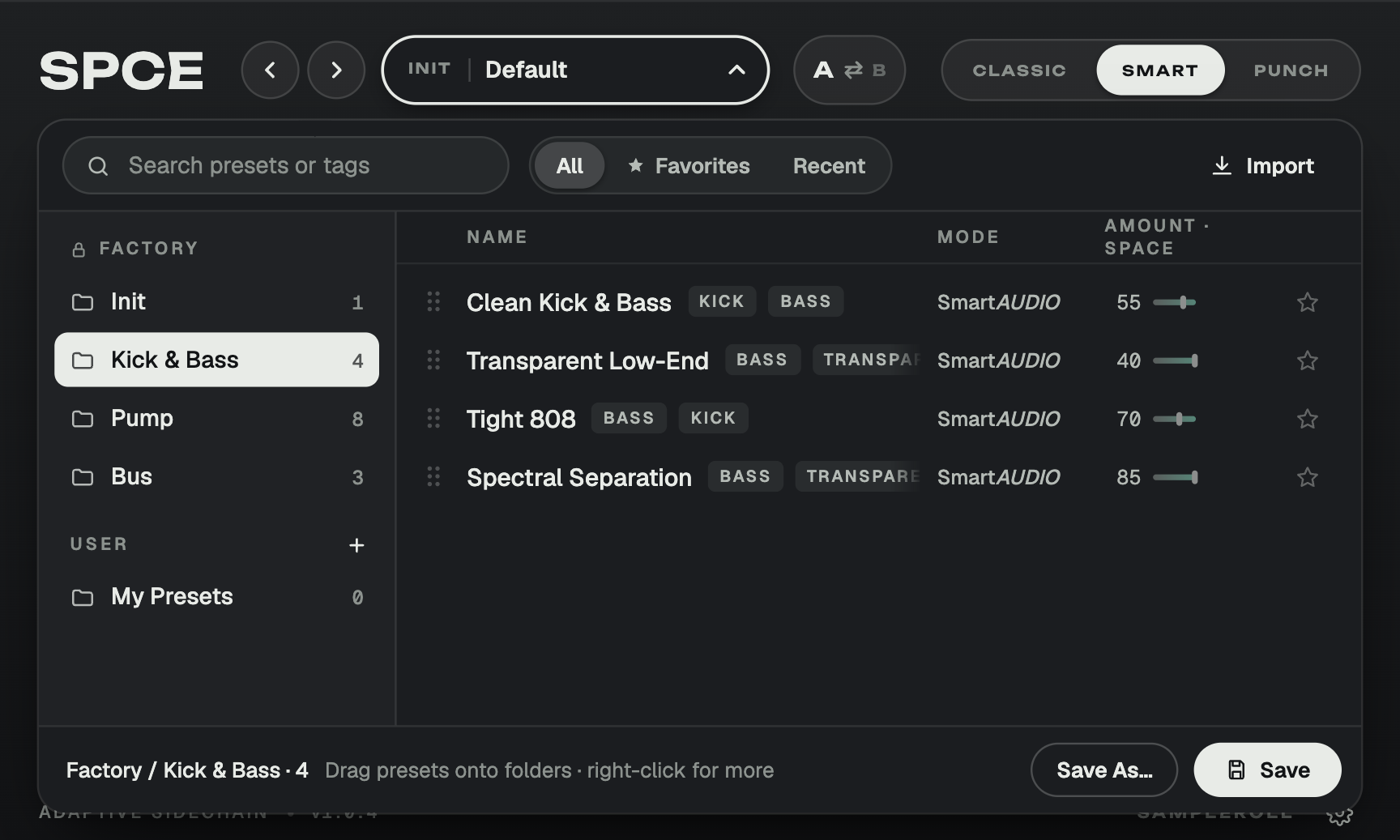 spce's preset browser, open on the Kick & Bass factory folder