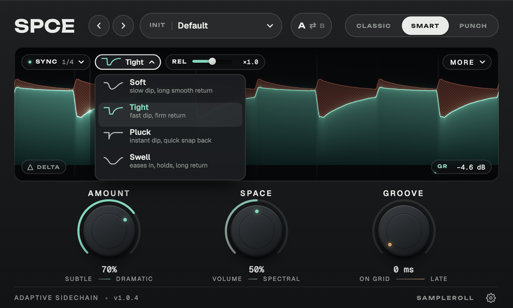 spce's shape menu: Soft, Tight, Pluck and Swell, each with its curve, beside the Release slider