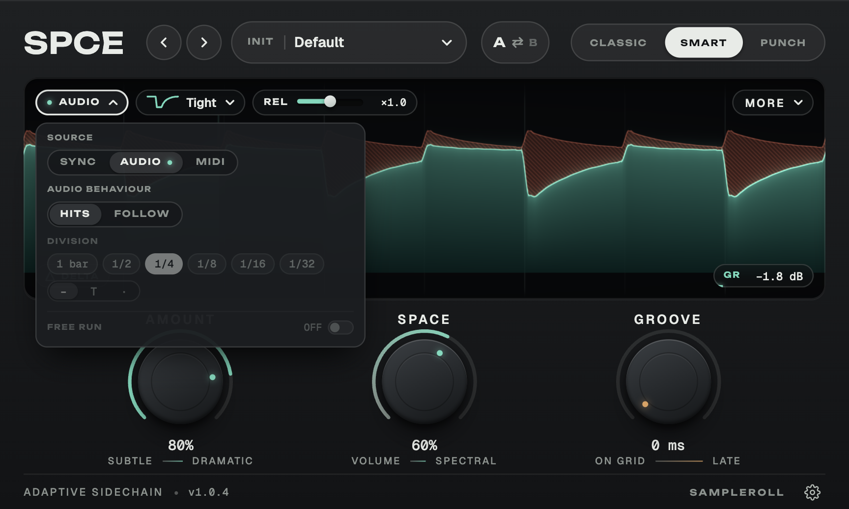 spce's trigger menu: Sync, Audio and MIDI, Hits or Follow, and the division chips